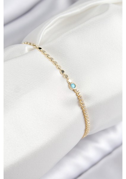 Pirinç Zirkon Taşlı Boncuk Model Ezme Zincir Gold Renk Kadın Bileklik