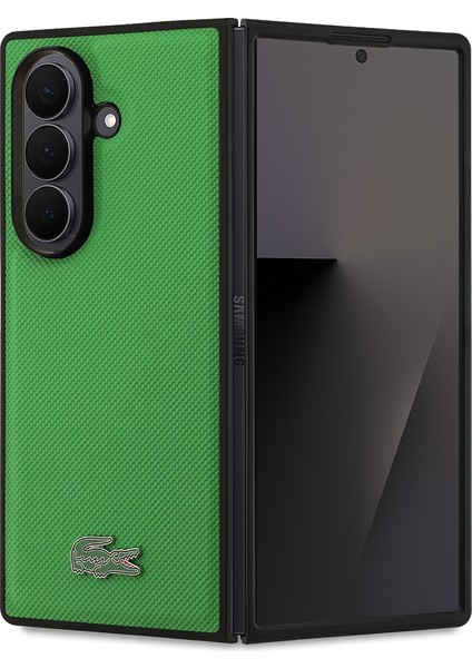 Galaxy Z Fold 7 Kılıf Lacoste Lisanslı M-Safe Uyumlu Pike Desenli Ikonik Timsah Logolu Kapak Yeşil