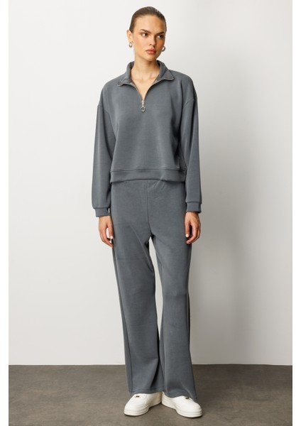 Kadın Modal Uzun Kollu Yarım Fermuarlı Bol Paça Takım