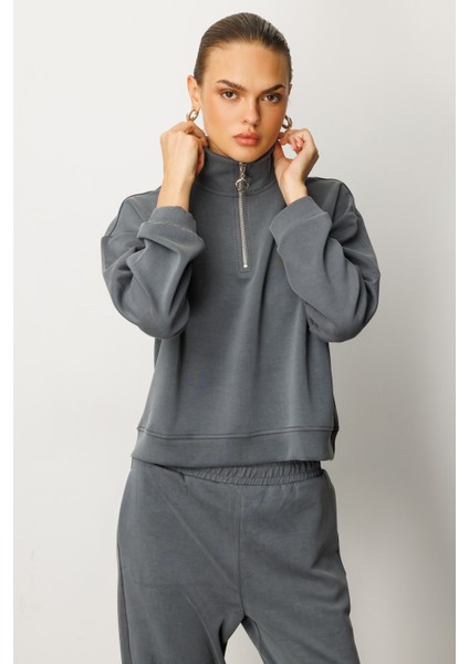Kadın Modal Uzun Kollu Yarım Fermuarlı Bol Paça Takım