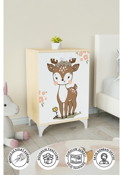 Little Fawn 2 Raflı Çocuk Odası Dolabı Çok Amaçlı Baskılı Oyuncak Dolabı