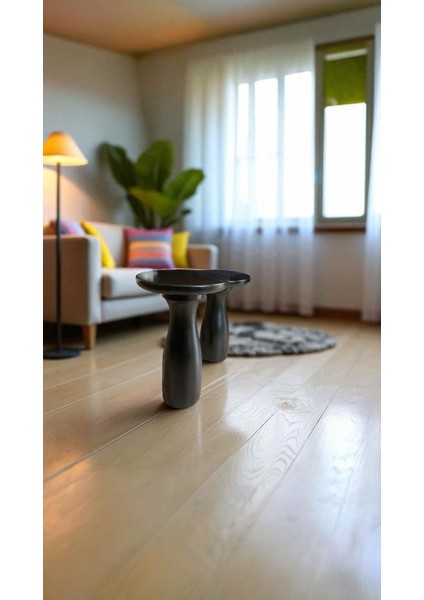 Siyah Renk Doğal Masif Ahşap Yan Sehpa – 2'li Minimalist Zigon Sehpa Takımı