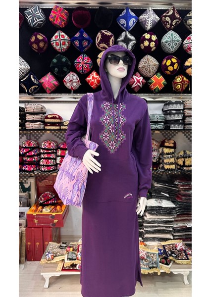 Uygur Kanaviçe Desenli Kapüşonlu Penye Kadın Tunik