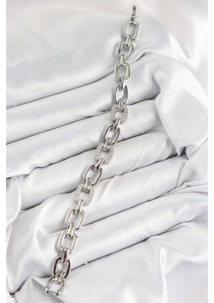 Pirinç Zirkon Taşlı Parçalı Zincir Model Gümüş Renk Kadın Bileklik fiyatları