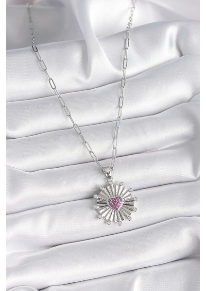 316L Çelik Gümüş Renk Pembe Zirkon Taşlı Kalp Işleme Madalyon Model Kadın Kolye fiyatları