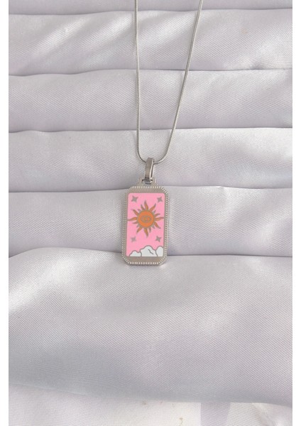 316L Çelik Gümüş Renk Pembe Mineli Güneş Model Tarot Kolye