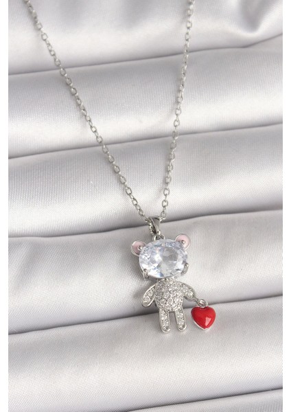 316L Çelik Gümüş Renk Zincir Zirkon Taşlı Ayıcık Model Kırmızı Kalp Detay Kadın Kolye