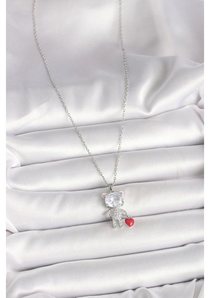316L Çelik Gümüş Renk Zincir Zirkon Taşlı Ayıcık Model Kırmızı Kalp Detay Kadın Kolye fiyatları