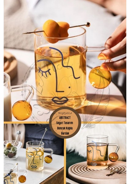 Isıya Dayanıklı 500ML Soyut Tasarım Boncuk Kulplu Bardak, Kahve ve Sunum Için Şık 1 Adet