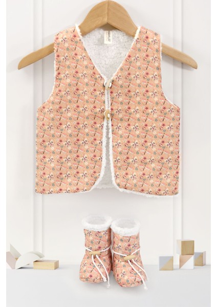 Kız Çocuk Yelek ve Patik Takımı 2 Li Set Çift Taraflı Düğmeli Yenidoğan Pamuklu Koyun Tüyü Lola