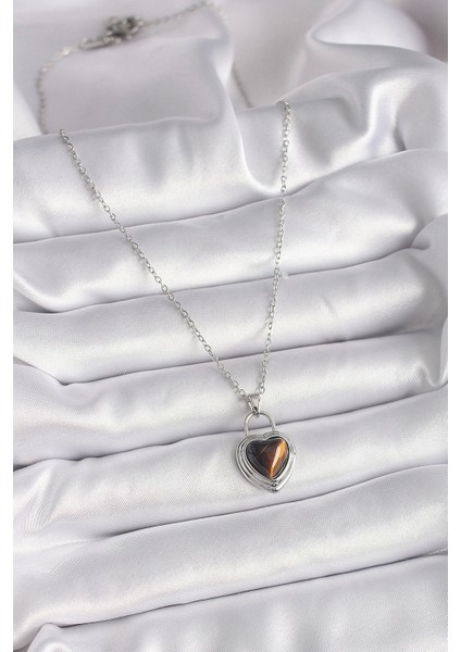 316L Çelik Gümüş Renk Zincir Kilit Kalp Kehribar Boncuk Model Kadın Kolye fiyatları