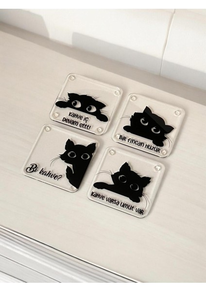 Kedi Desenli Pleksi 4'lü Bardak Altlığı Seti, Şık ve Kullanışlı Tasarım
