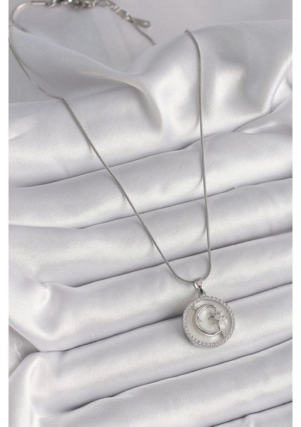 316L Çelik Gümüş Renk Zincir Zirkon Taş Detaylı Beyaz Sedefli Ay Yıldız Işleme Kadın Kolye fiyatları