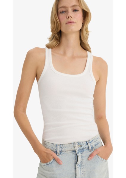 Slim Fit Dar Kesim Basic Düz Yuvarlak Yaka Fitilli Kaşkorse Atlet E5539AX25SM