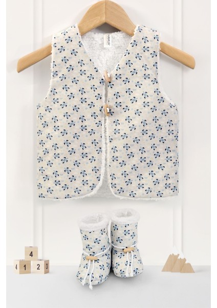 Unisex Yelek ve Patik Takımı 2 Li Set Çift Taraflı Düğmeli Yenidoğan Pamuklu Koyun Tüyü Moi