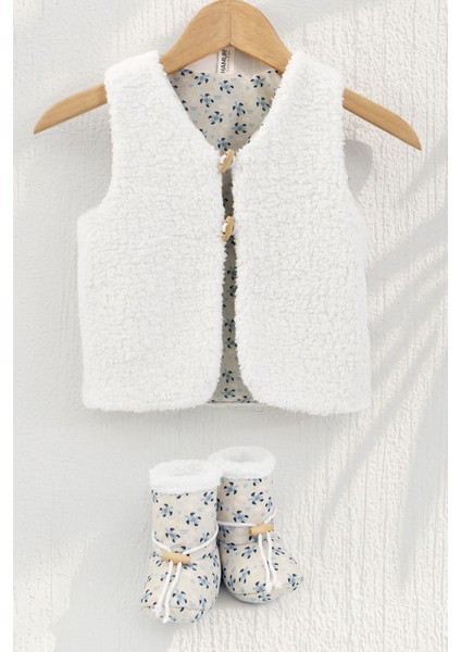 Unisex Yelek ve Patik Takımı 2 Li Set Çift Taraflı Düğmeli Yenidoğan Pamuklu Koyun Tüyü Moi