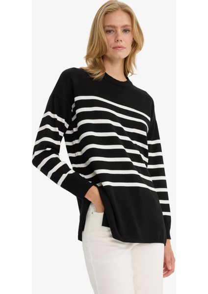 Relax Fit Çizgili Bisiklet Yaka Triko Kazak Tunik S7517AZ25WN modelleri