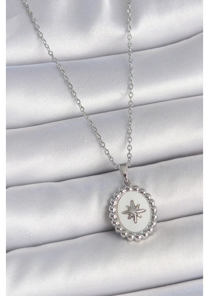 316L Çelik Gümüş Renk Zincir Beyaz Mineli Kutup Yıldız Işlemeli Madalyon Model Kadın Kolye