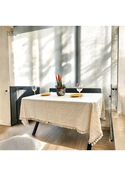 Bej Keten Çizgili Masa Örtüsü, Ponpon Detaylı, Şık ve Zarif Tasarım