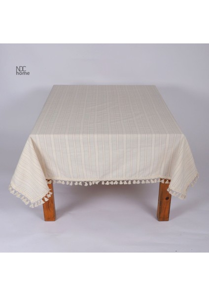 Bej Keten Çizgili Masa Örtüsü, Ponpon Detaylı, Şık ve Zarif Tasarım fiyatları