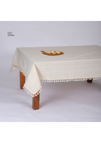 Bej Keten Çizgili Masa Örtüsü, Ponpon Detaylı, Şık ve Zarif Tasarım modelleri