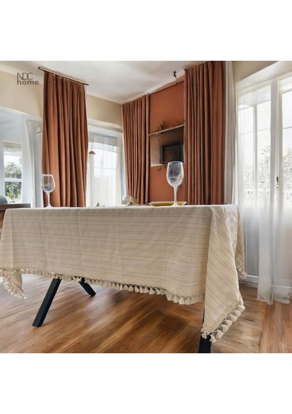 Bej Keten Çizgili Masa Örtüsü, Ponpon Detaylı, Şık ve Zarif Tasarım