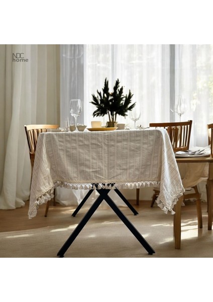Bej Keten Çizgili Masa Örtüsü, Ponpon Detaylı, Şık ve Zarif Tasarım