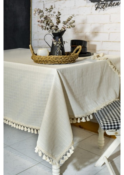 Desenli Krem Ponponlu Şık Masa Örtüsü, Ev ve Davetler Için Ideal Seçim fiyatları