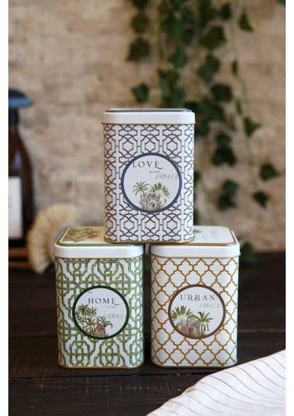 3'lü Kare Metal Saklama Kabı Seti, 87X87X125, Yeşil Renk