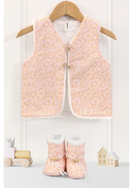 Kız Bebek Yelek ve Patik Takımı 2 Li Set Çift Taraflı Düğmeli Yenidoğan Pamuklu Koyun Tüyü Leila