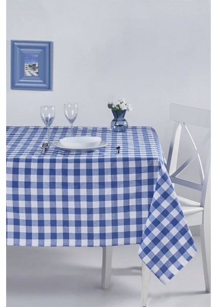 Kareli Mavi Masa Örtüsü, 160X220 Cm, Şık ve Retro Tarz Bahçe ve Sofralar Için