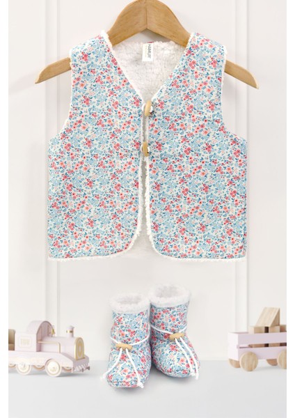 Unisex Yelek ve Patik Takımı 2 Li Set Çift Taraflı Düğmeli Yenidoğan Pamuklu Koyun Tüyü Loom