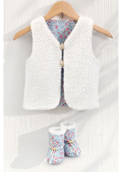 Unisex Yelek ve Patik Takımı 2 Li Set Çift Taraflı Düğmeli Yenidoğan Pamuklu Koyun Tüyü Loom
