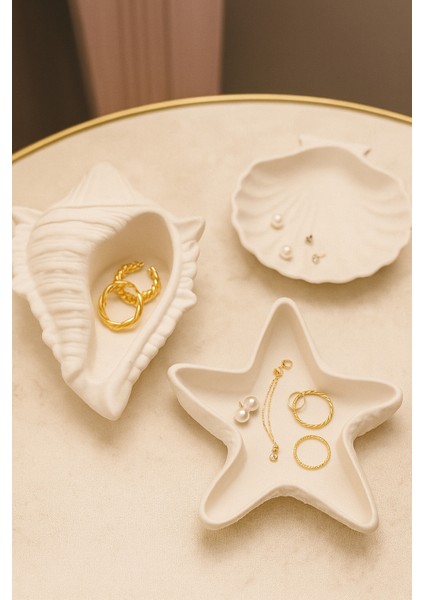 3’lü Deniz Kabuk Tasarım Seramik Takı ve Dekoratif Tabak Seti Deniz Kabuk Modeli