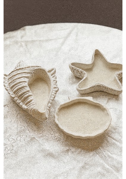 3’lü Deniz Kabuk Tasarım Seramik Takı ve Dekoratif Tabak Seti Deniz Kabuk Modeli