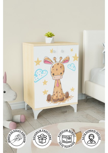 Bay Zürafa 2 Raflı Çocuk Odası Dolabı Çok Amaçlı Baskılı Oyuncak Dolabı