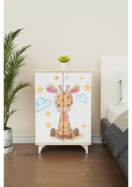 Bay Zürafa 2 Raflı Çocuk Odası Dolabı Çok Amaçlı Baskılı Oyuncak Dolabı modelleri