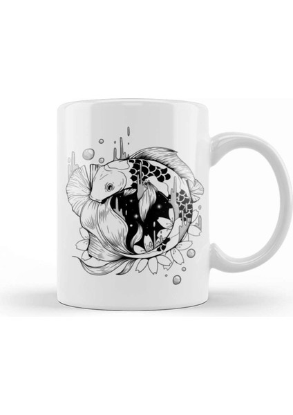 Şık Porselen Koi Balığı Temalı Siyah Beyaz Kupa Bardak