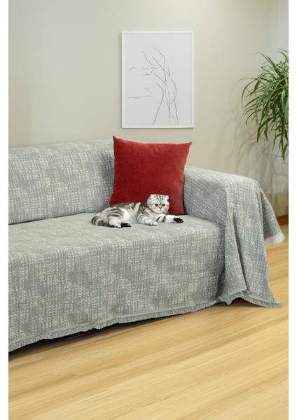 Haki Pamuklu Püsküllü Çift Taraflı Koltuk Örtüsü 180X220, Terletmez ve Kaymaz