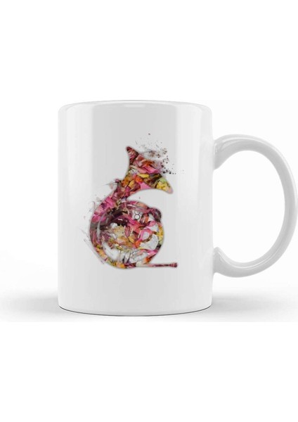 Beyaz French Horn Müzik Desenli Porselen Kupa Bardak