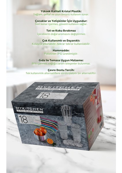 18 Parça Bardak Seti 6 Kişilik - Lüks 6'lı Kristal Bardak ve Renkli Pipet Seti (Cam Değildir) fiyatları