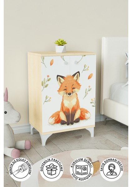 Foxie 2 Raflı Çocuk Odası Dolabı Çok Amaçlı Baskılı Oyuncak Dolabı