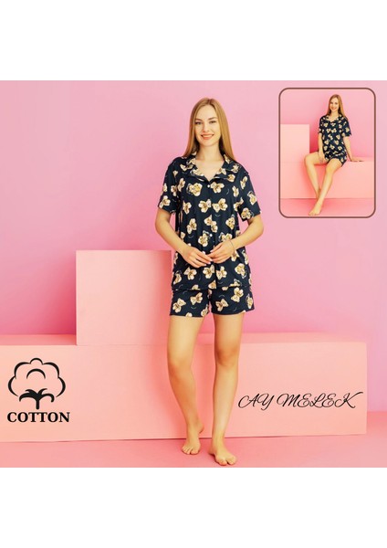 Ay Melek Kadın Pijama Takımı %100 Pamuklu Şort ve Pijama Seti