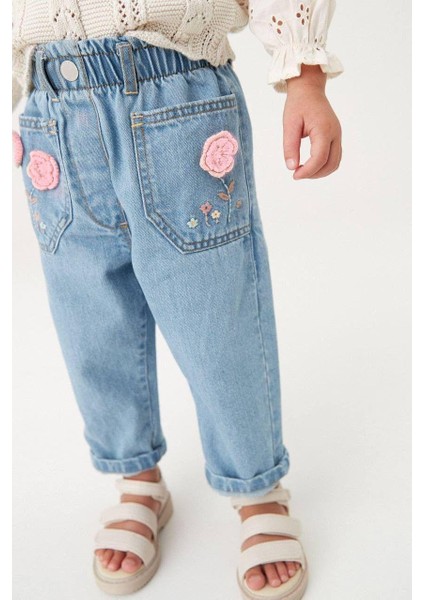Kız Çocuk Pamuklu Mavi Çiçek Nakışlı Beli Lastikli Kot Pantolon