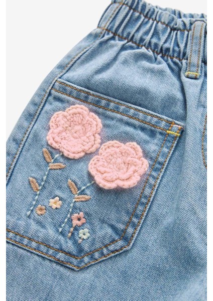 Kız Çocuk Pamuklu Mavi Çiçek Nakışlı Beli Lastikli Kot Pantolon fiyatları