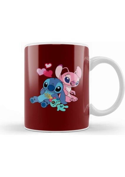 Sevimli Stitch ve Angel Figürlü Beyaz Porselen Kupa Bardak