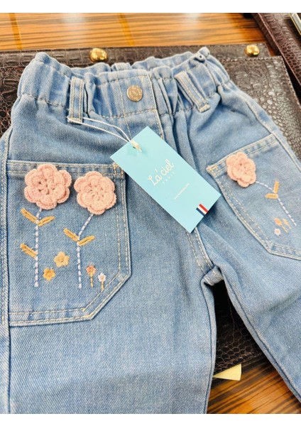 Kız Çocuk Pamuklu Mavi Çiçek Nakışlı Beli Lastikli Kot Pantolon modelleri