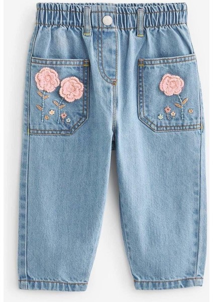 Kız Çocuk Pamuklu Mavi Çiçek Nakışlı Beli Lastikli Kot Pantolon fırsatları