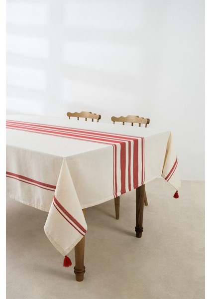 Kırmızı Çizgili Püsküllü Masa Örtüsü 160X220 Cm, Şık ve Zarif Tasarım