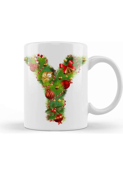 Beyaz Yılbaşı Temalı Y Harfli Porselen Kupa Bardak